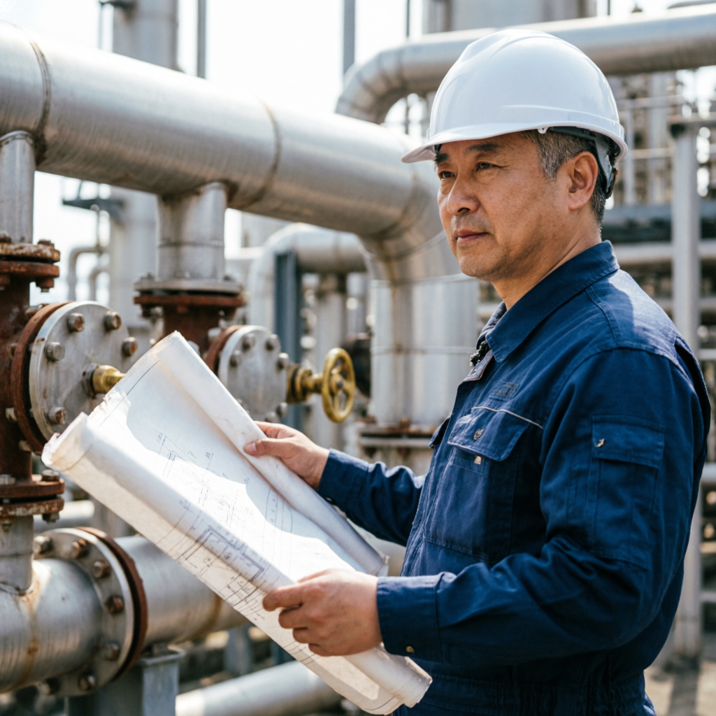 AbhiMart engineer reviewing blueprints at a process plant